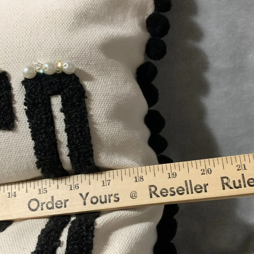 Holiday Noel Pillow Black White Pom Pom Pearl Embellished Throw Pillow Christmas